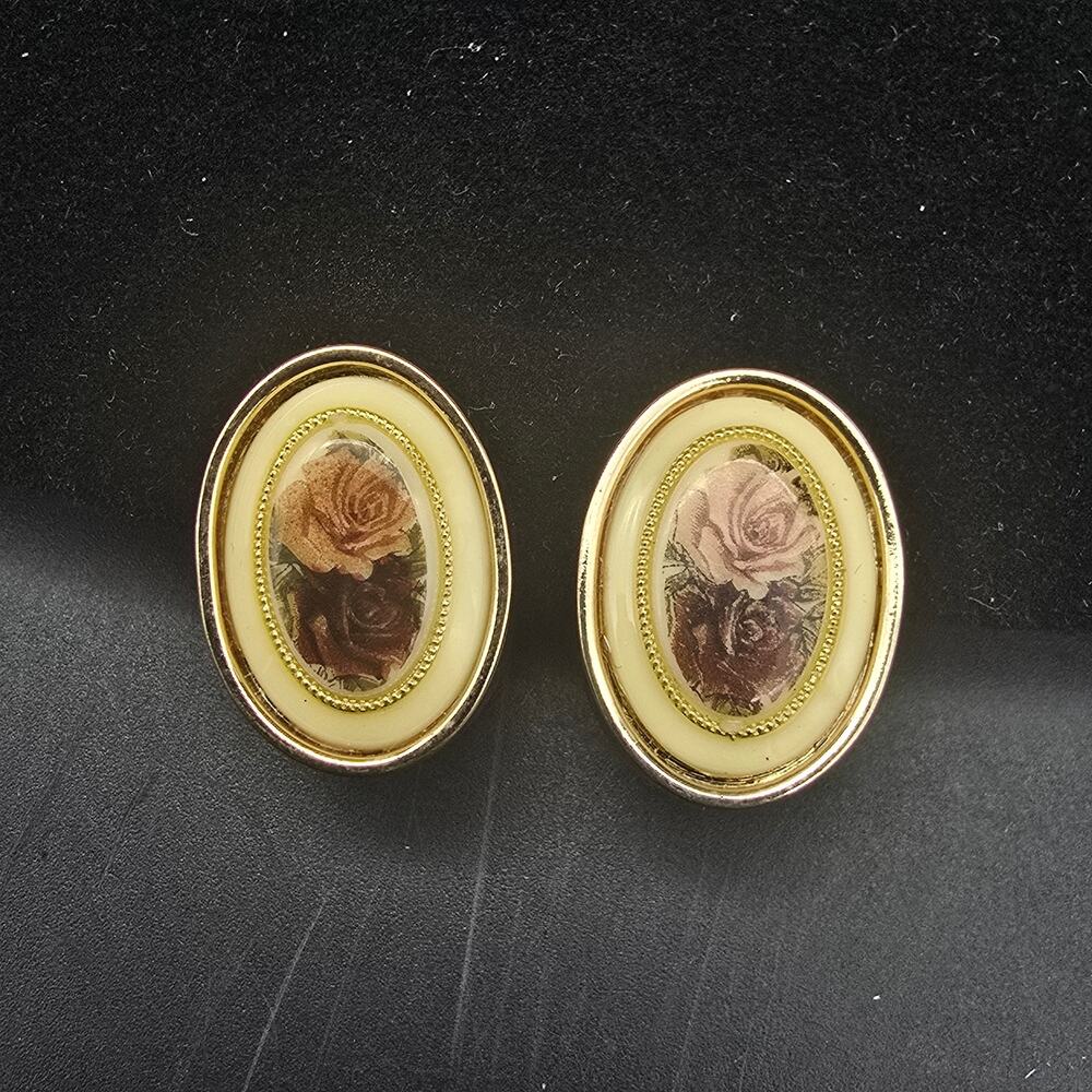 Vintage Purple Dusty Pink Rose Flower Clip On Earrings Gold Tone